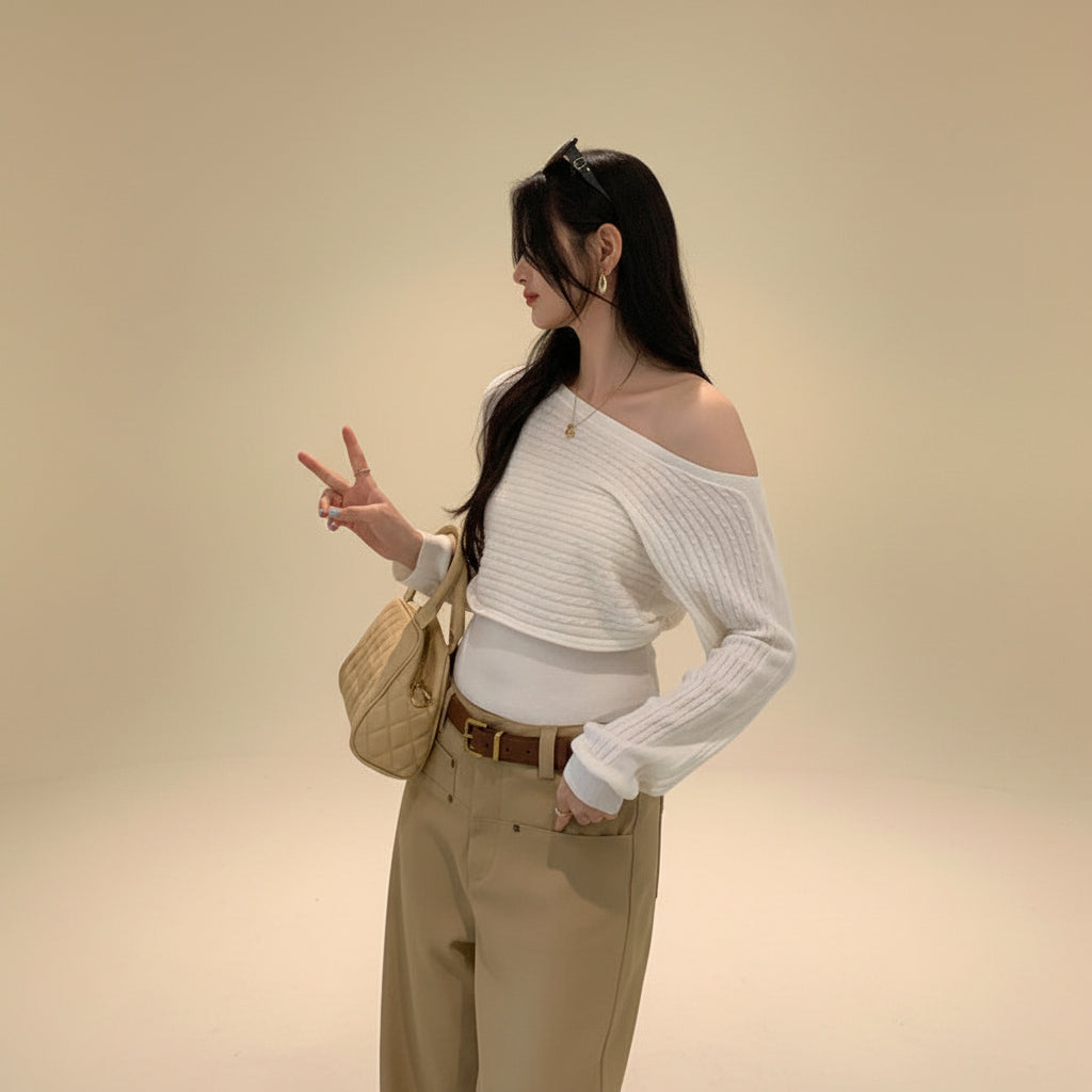 ELNOVÉ Off-Shoulder Cable Knit Sweater