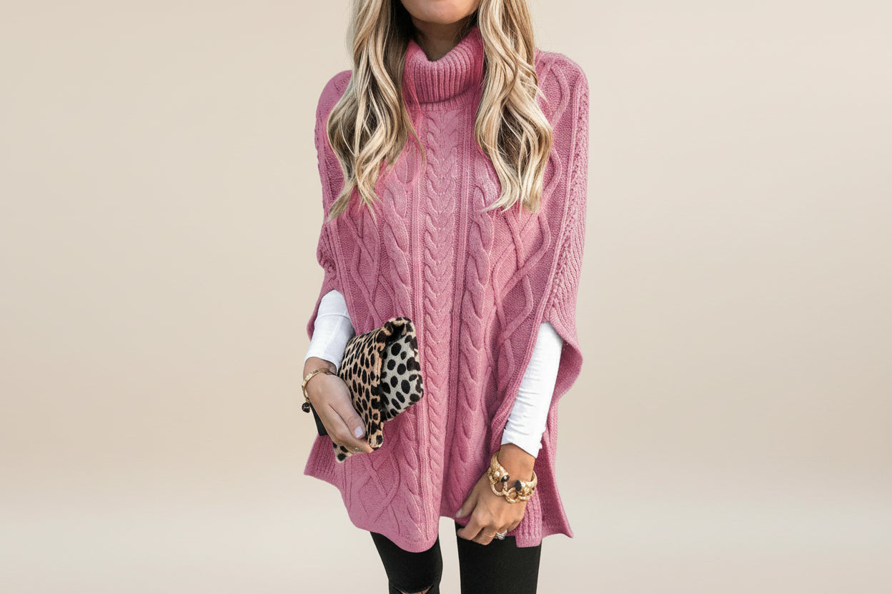 Cable Knit High Neck Poncho — Detail View 8