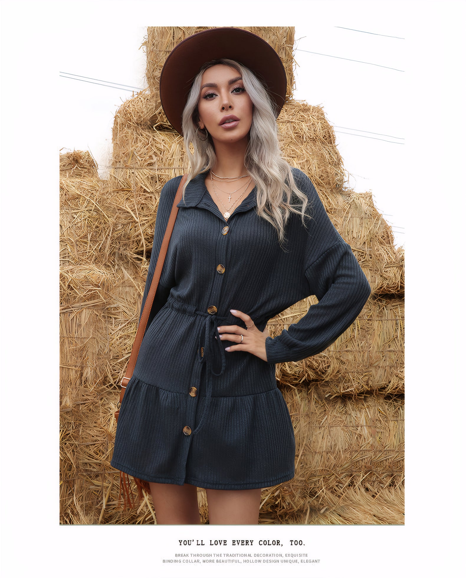 button-front A-line knit dress#Color_Blue