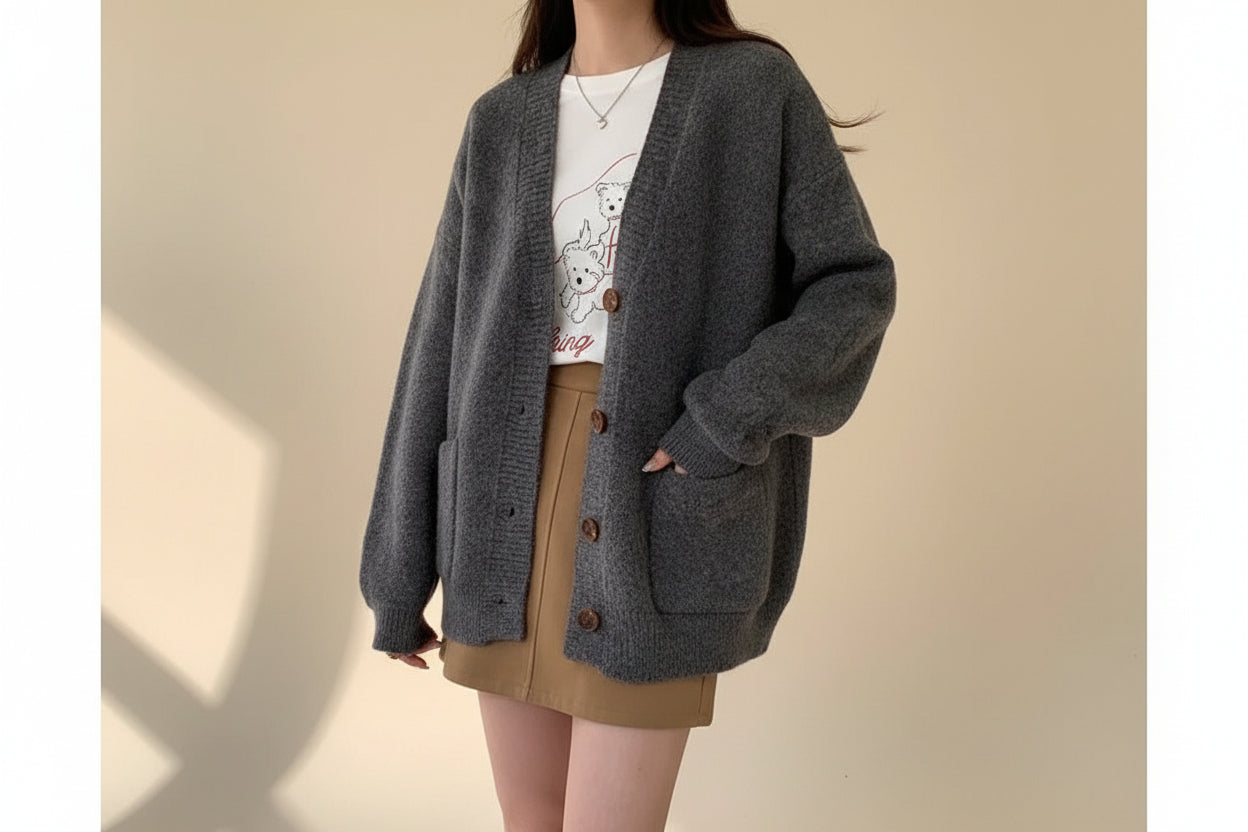 Classic V-Neck Button Cardigan — Detail View 3