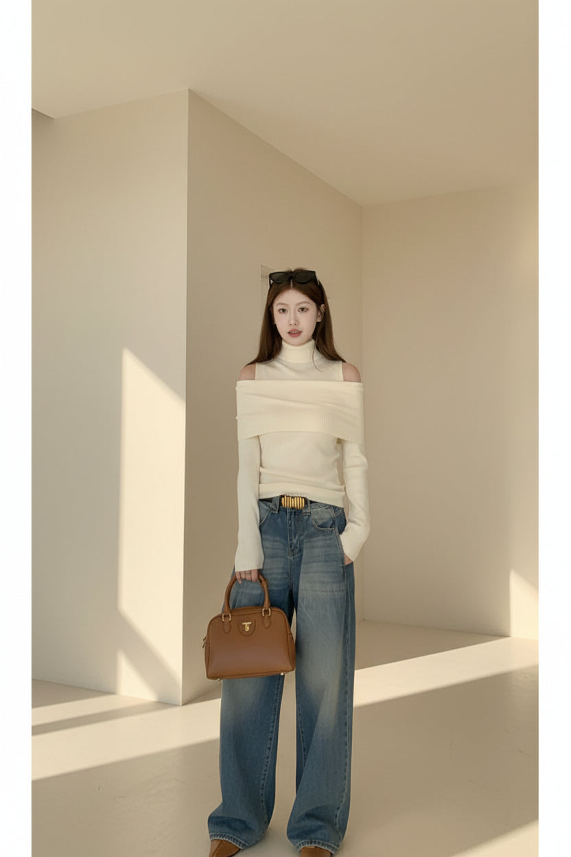 High Neck Solid Knit Sweater — Front View