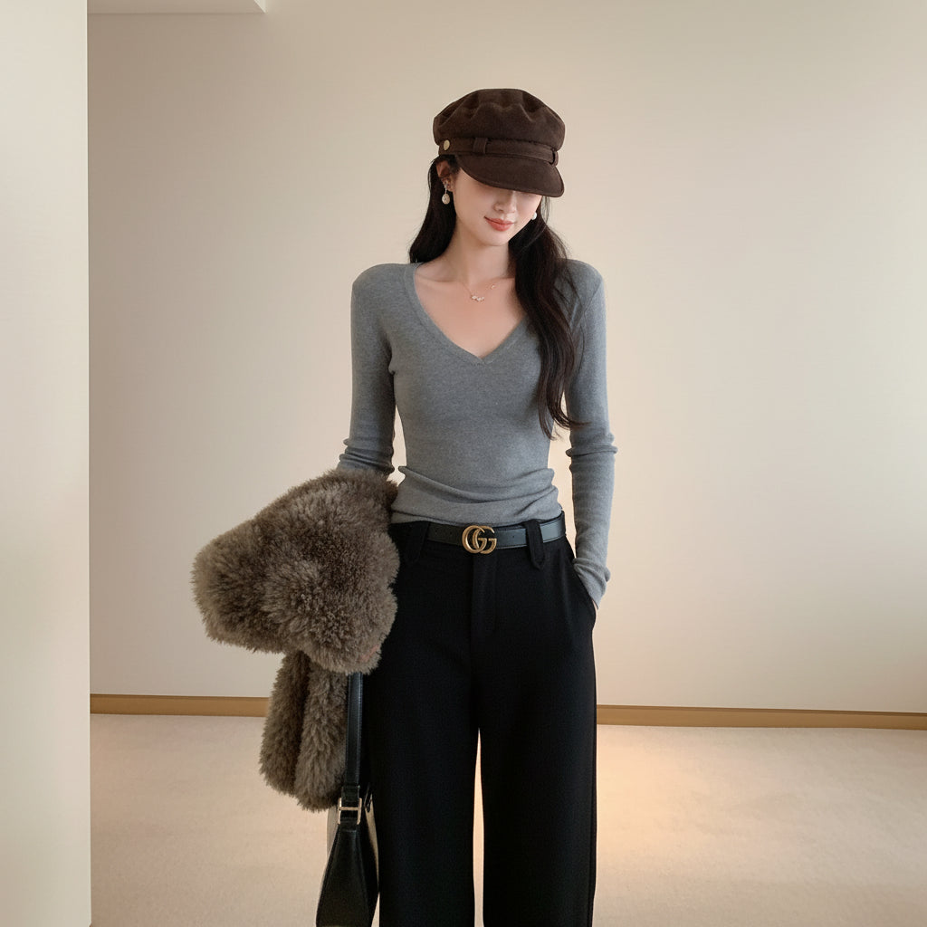 ELNOVÉ White V-Neck Slim Knit Sweater