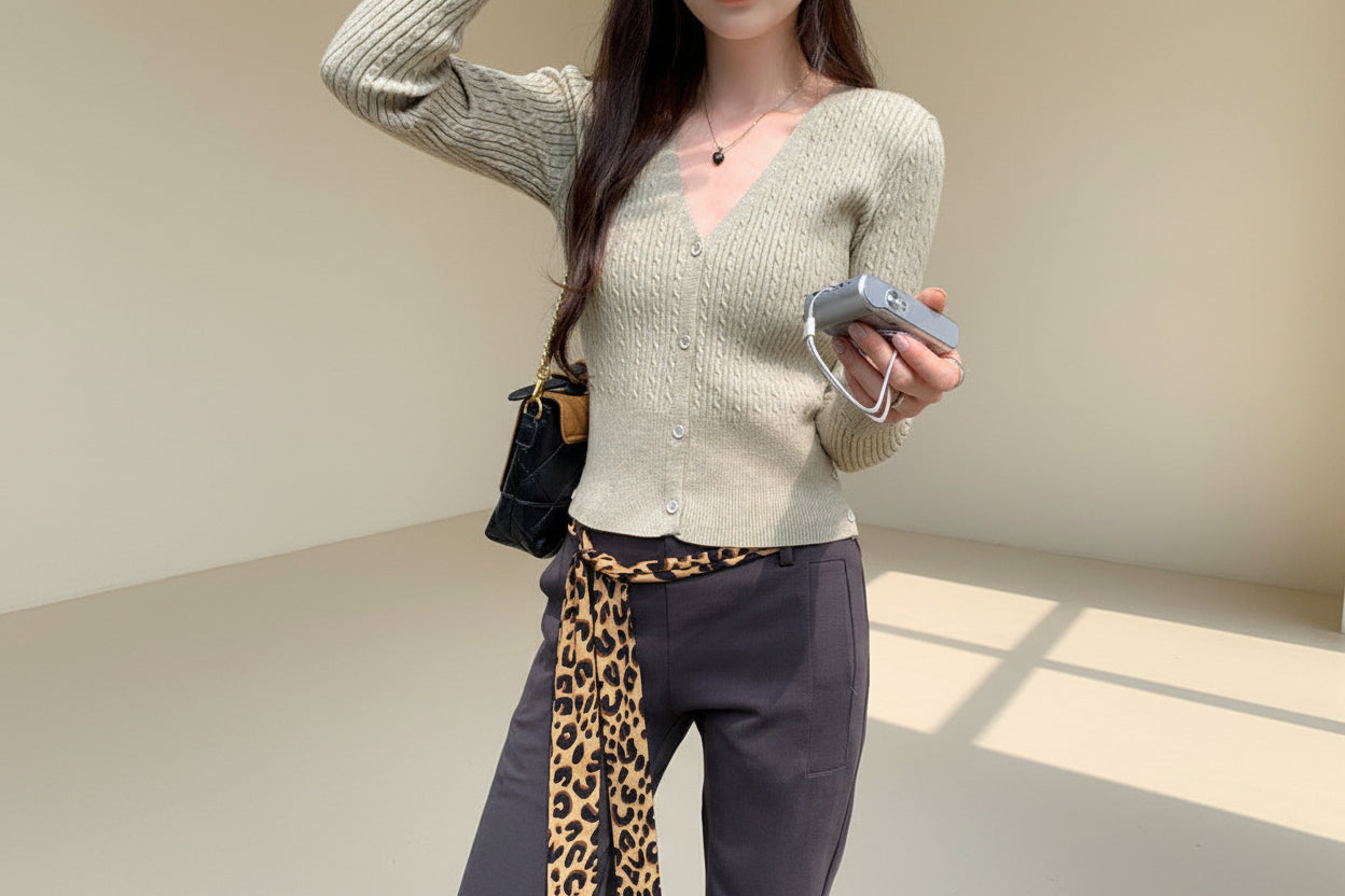 Cable Knit V-Neck Slim Cardigan — Detail View 6