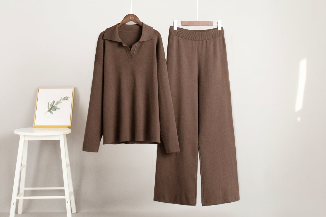 High Neck Knit Sweater & Wide Leg Pants Set — Front View