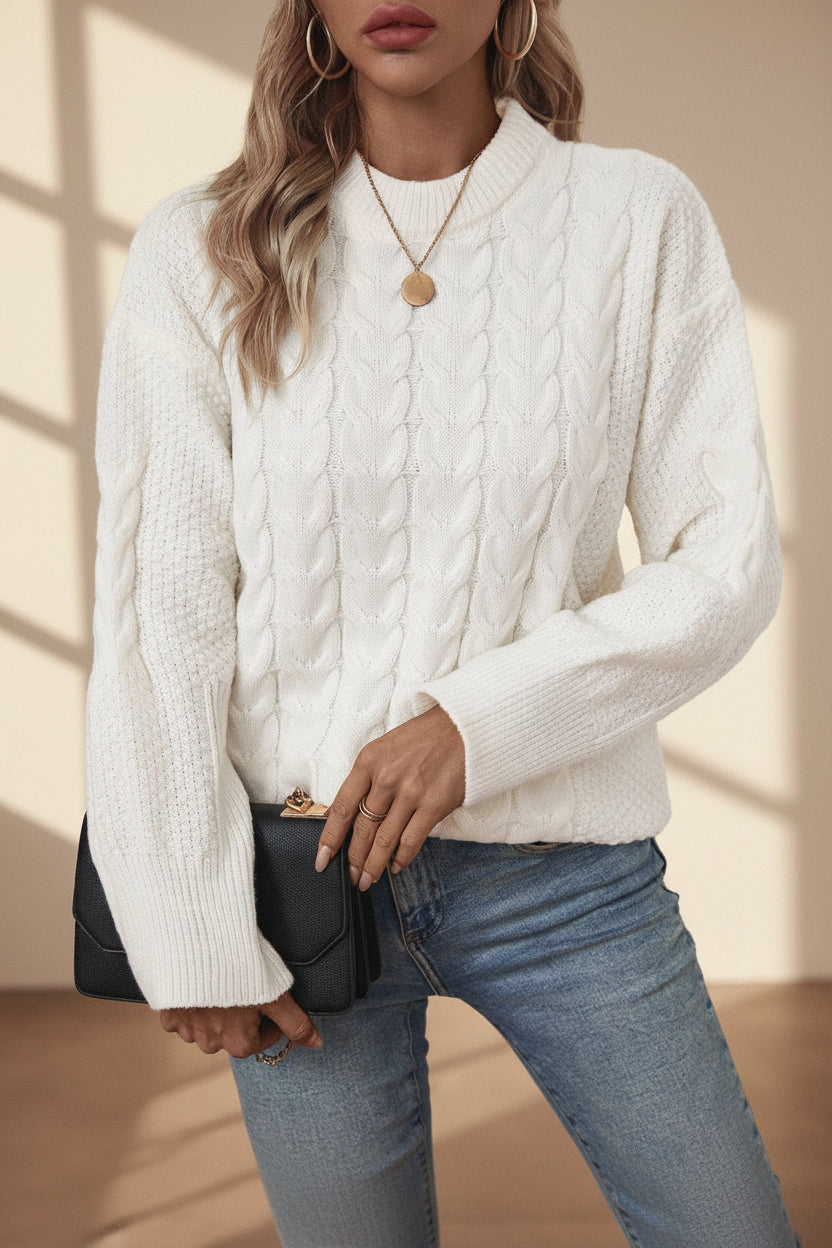 Oversized Cable Knit Crew Neck Sweater — Detail View 7