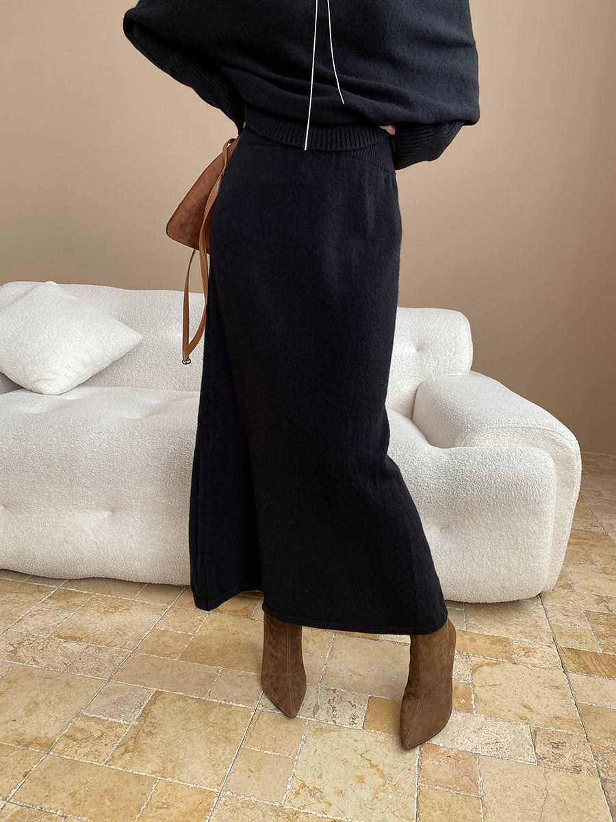 batwing off-shoulder knit two-piece set#Color_Black