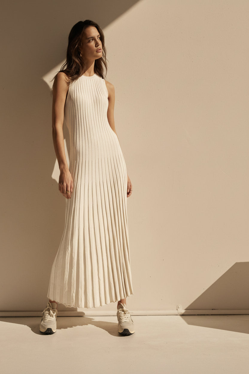 Pleated Ribbed Knit Tank Maxi Dress