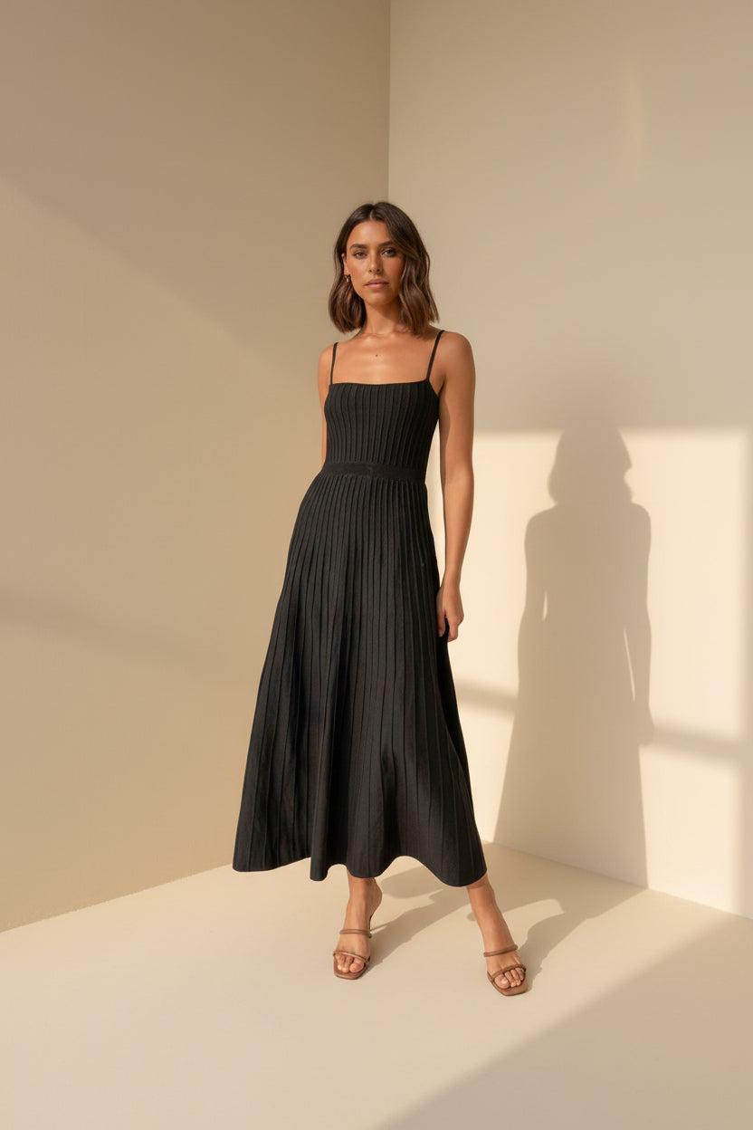 Solid Pleated Knit Slip Dress — detail view