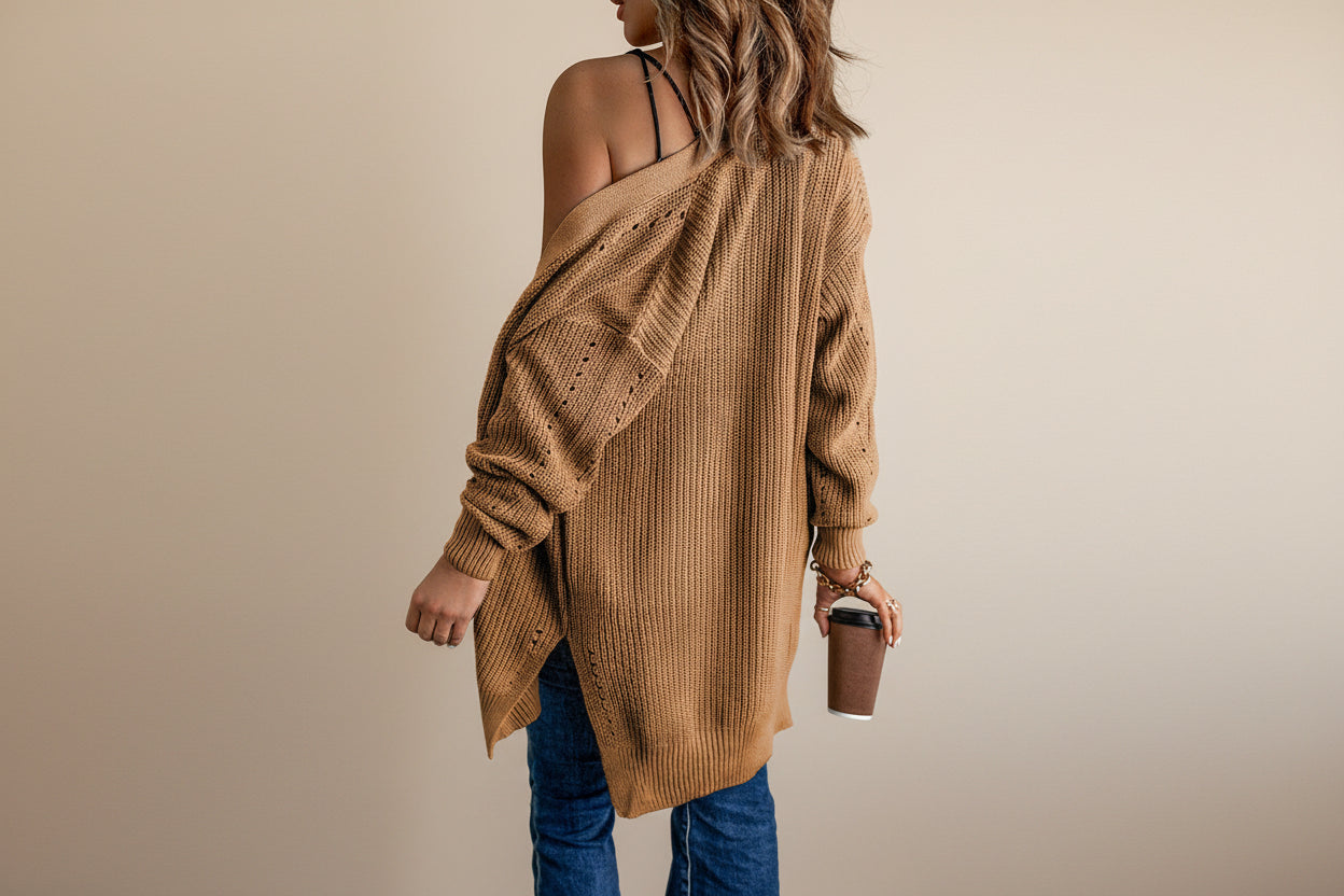 Apricot Cable Knit Drop Sleeve Cardigan — Back View
