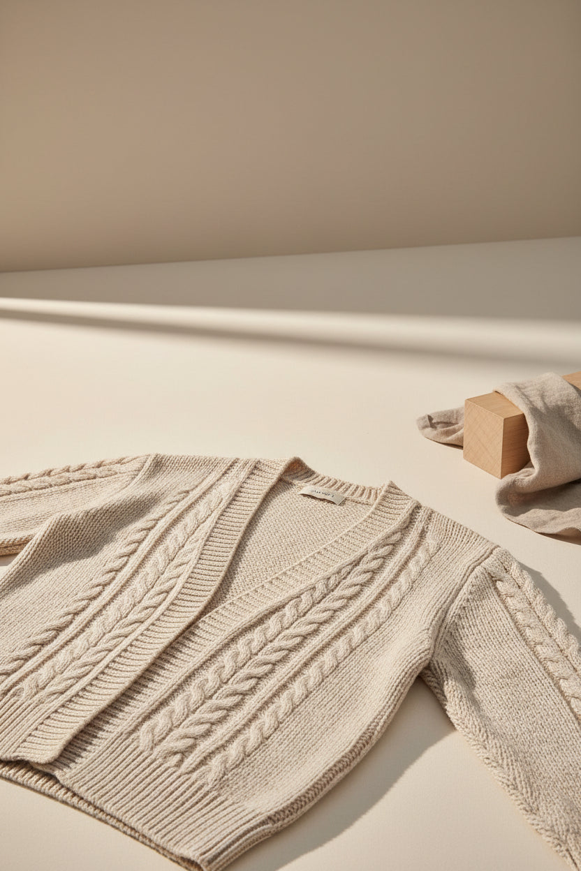Ribbed Trim Eyelet Cable Knit Cardigan — Close-Up