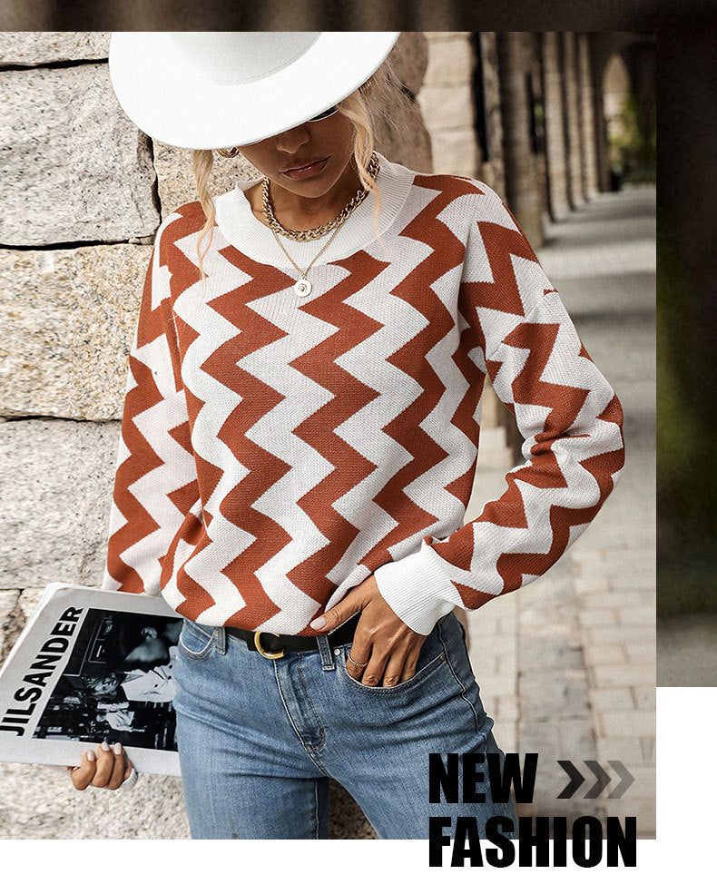 wave-pattern knit pullover