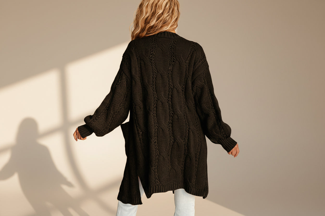 Ribbed Trim Eyelet Cable Knit Cardigan — View 26