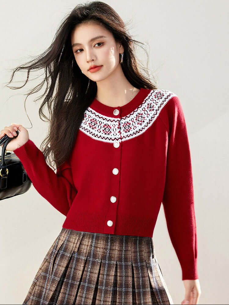 Inès Geometric Knit Cardigan #Color_Red