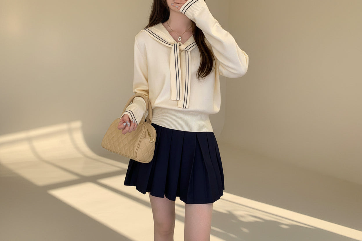 Navy Collar Tie-Neck Knit Sweater — View 4