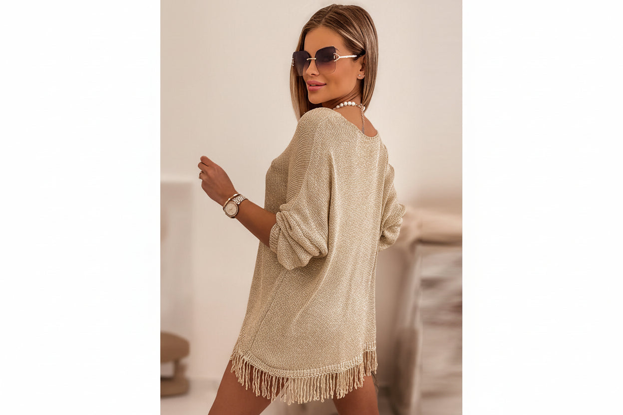 Khaki Lightweight Knit Fringe Hem Sweater — Detail View 5