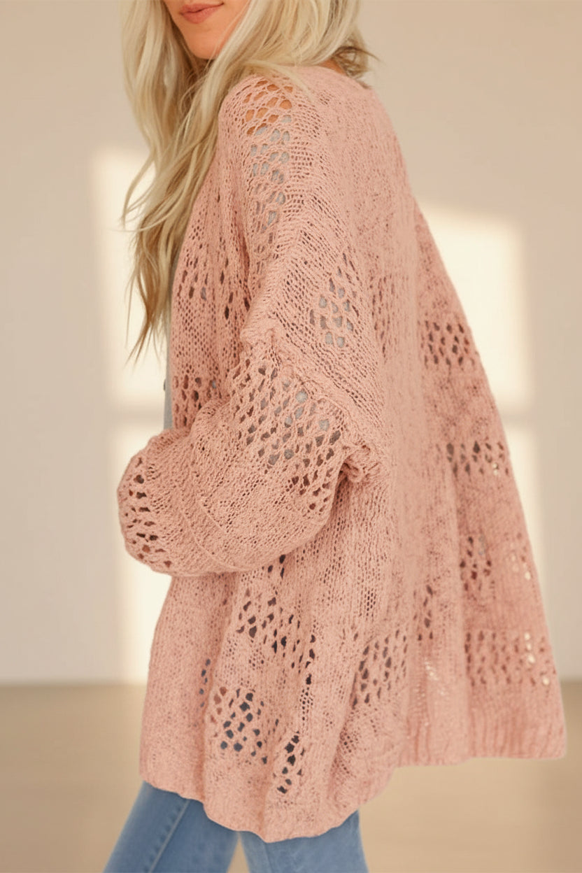 Pink Openwork Dolman Sleeve Knit Cardigan — Detail View 1