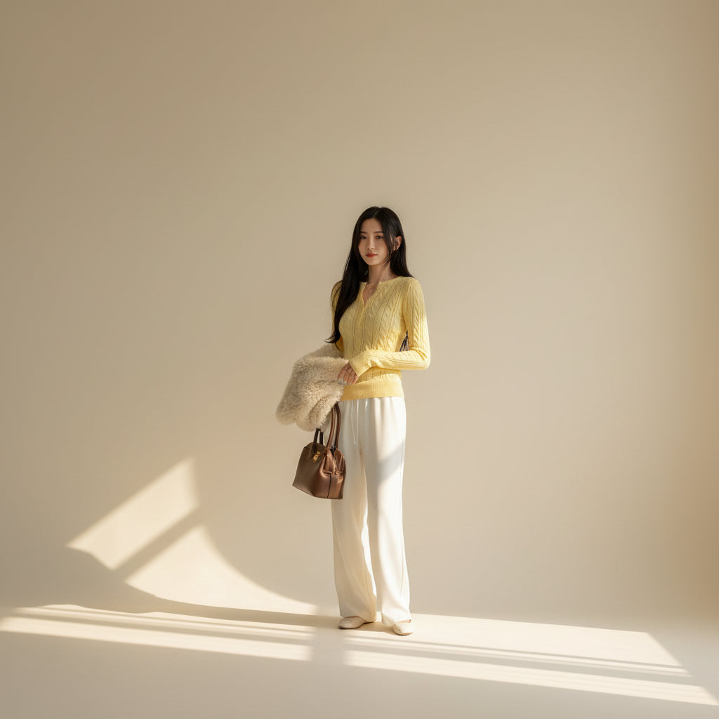 Half-Open Neck Cable Knit Sweater — View 5