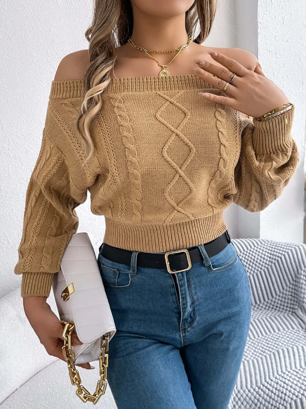 Colette Off-Shoulder Cable-Knit Sweater#Color_Camel
