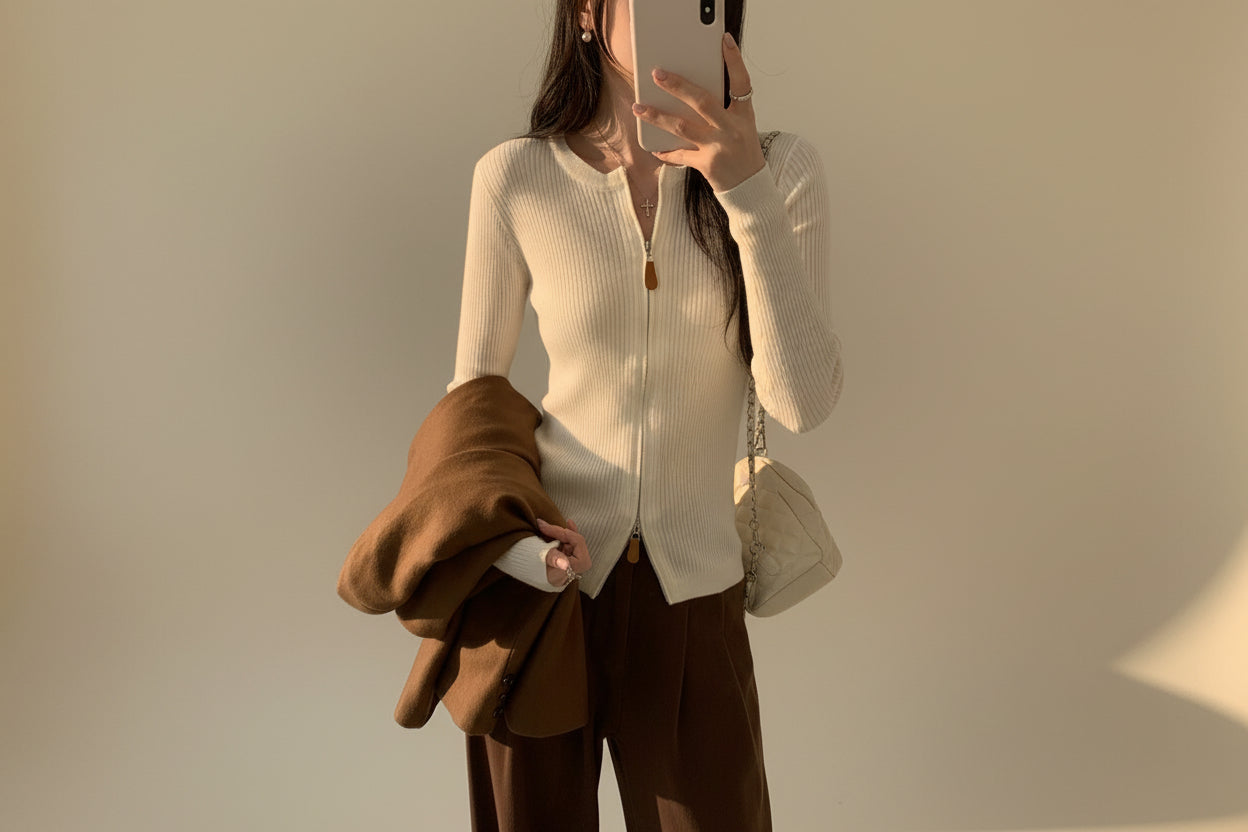 ELNOVÉ Wool Zipper Knit Cardigan