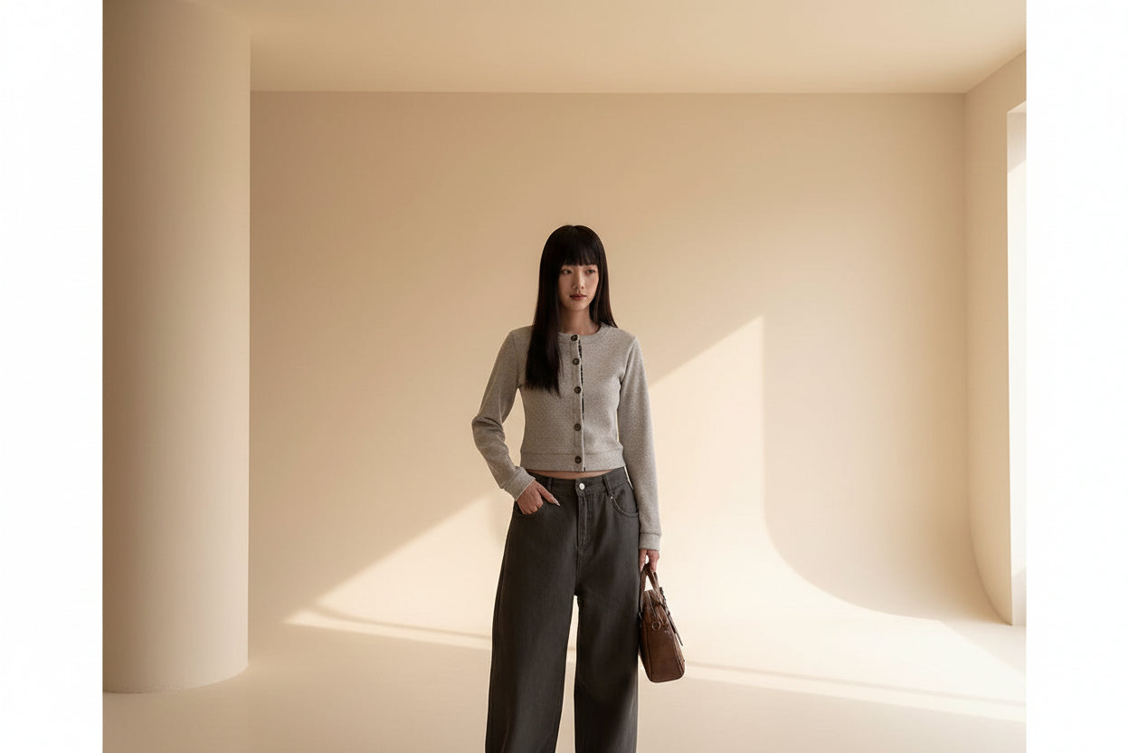 Wooden Button Patchwork Knit Cardigan — Detail View 1