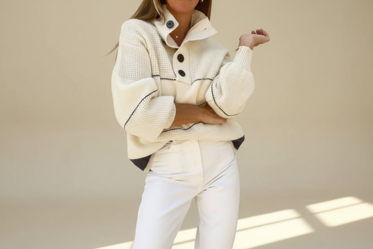 Waffle-Knit Half-Button Sweater — Front View