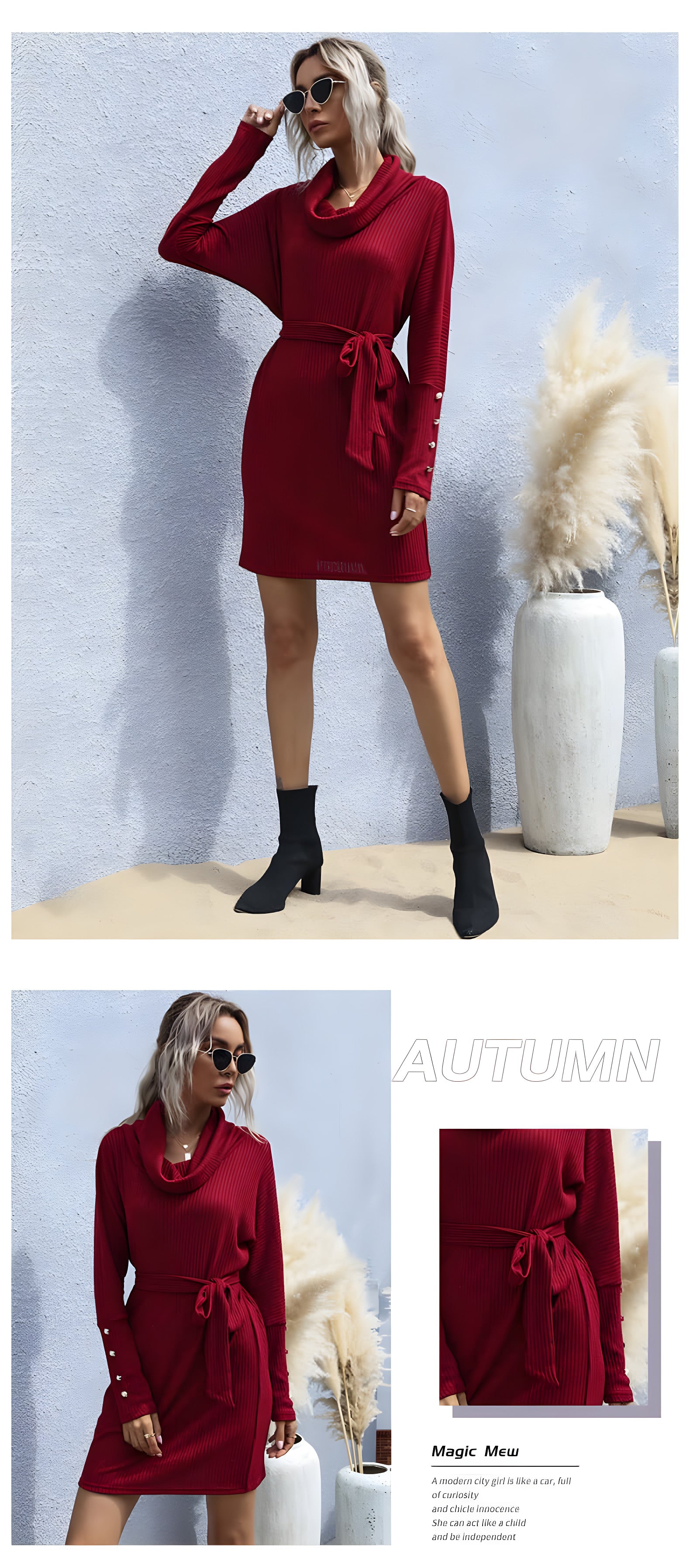Madeleine Turtleneck Knit Midi Dress#Color_Burgundy