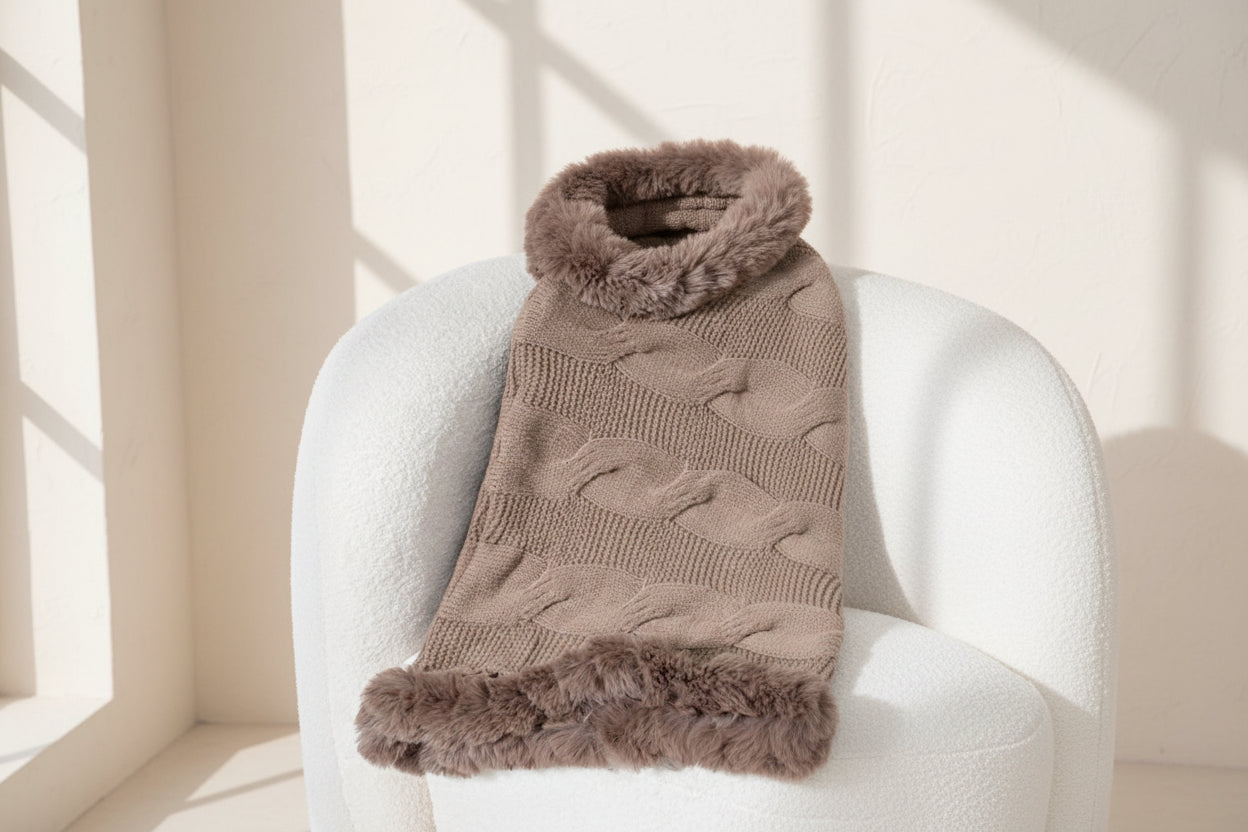 Fuzzy Hem Cable-Knit Poncho — Detail View 3