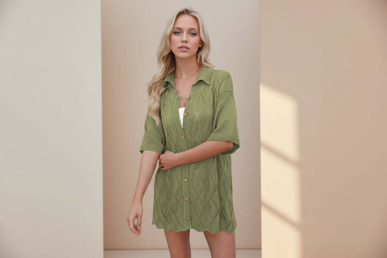 Eyelet Collared Knit Button-Down Shirt — Detail View 11