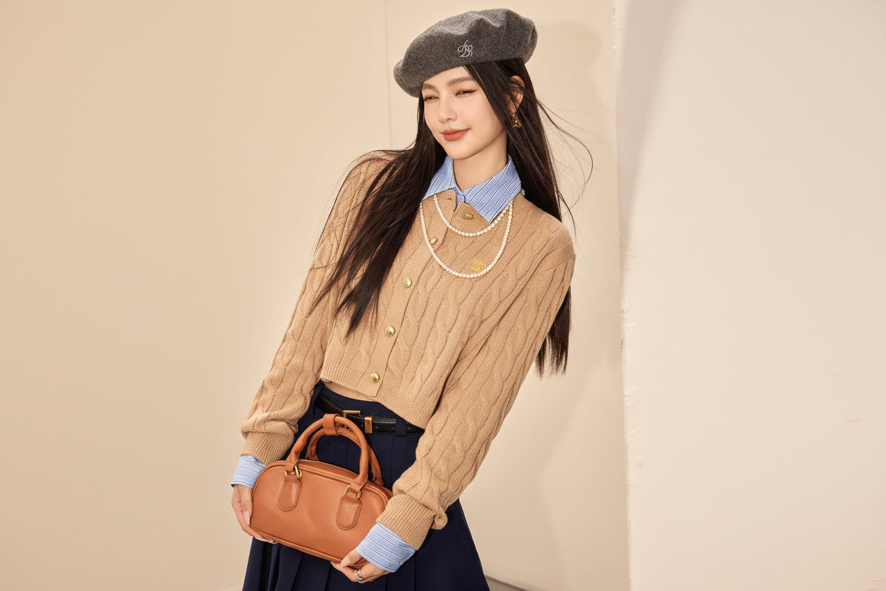 Gray Cable Knit Fitted Cardigan — View 7