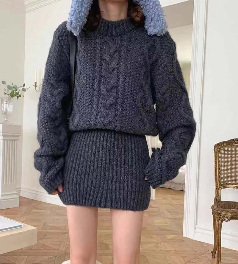 Manon Cable-Knit Mini Sweater Dress#Color_Dark Gray