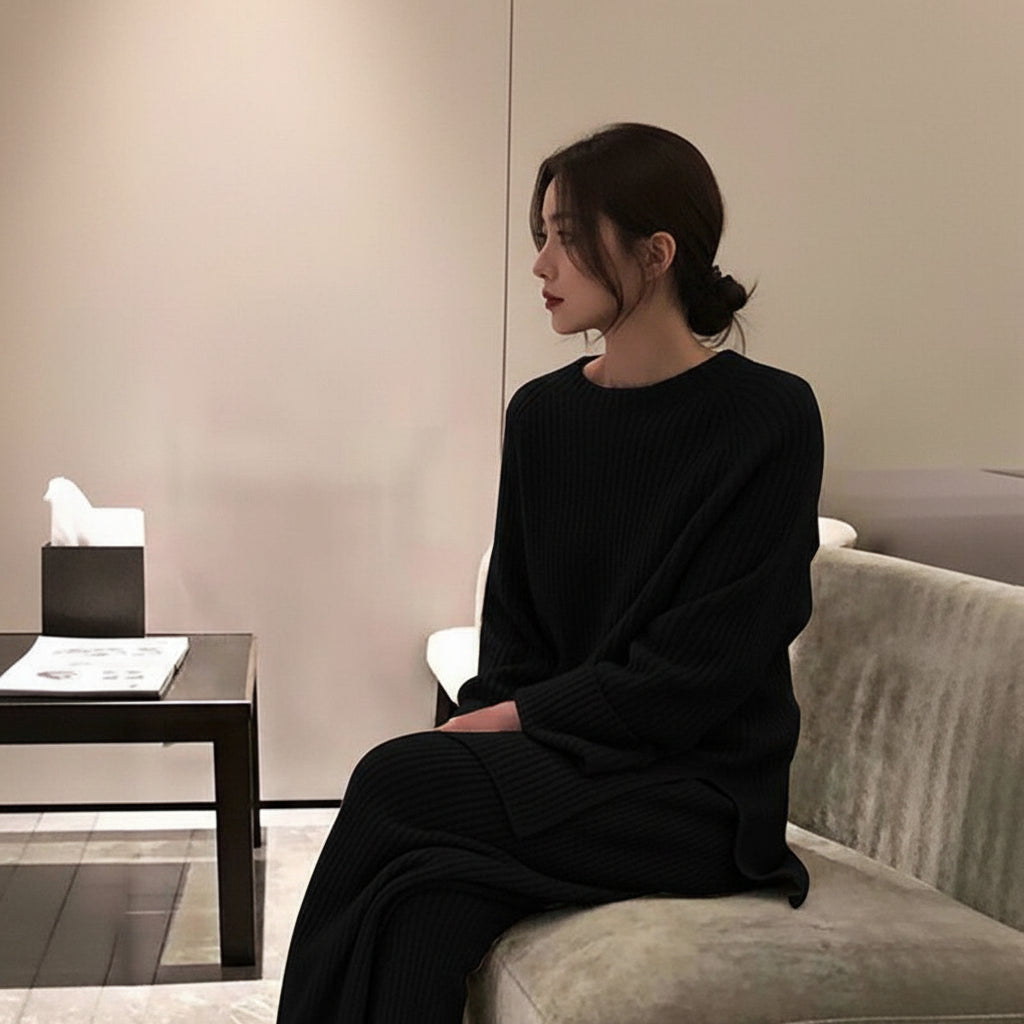 Crew Neck Knit Sweater & Wide Leg Pants Set — Detail View 8