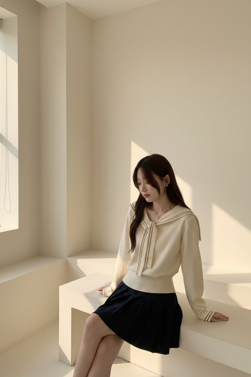 ELNOVÉ Navy Collar Tie-Neck Knit Sweater