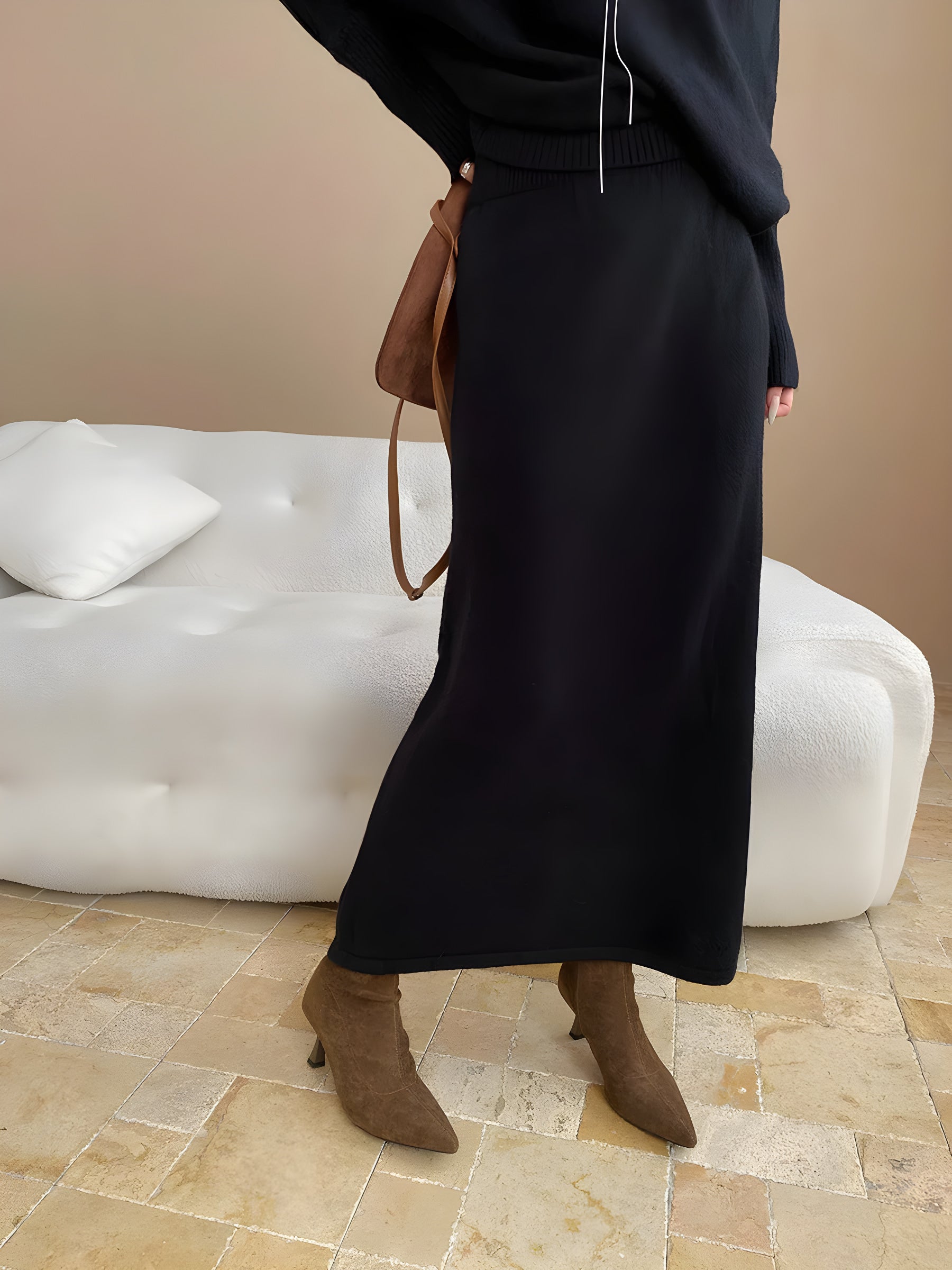 set due pezzi in maglia ali di pipistrello spalla scoperta#Color_Black
