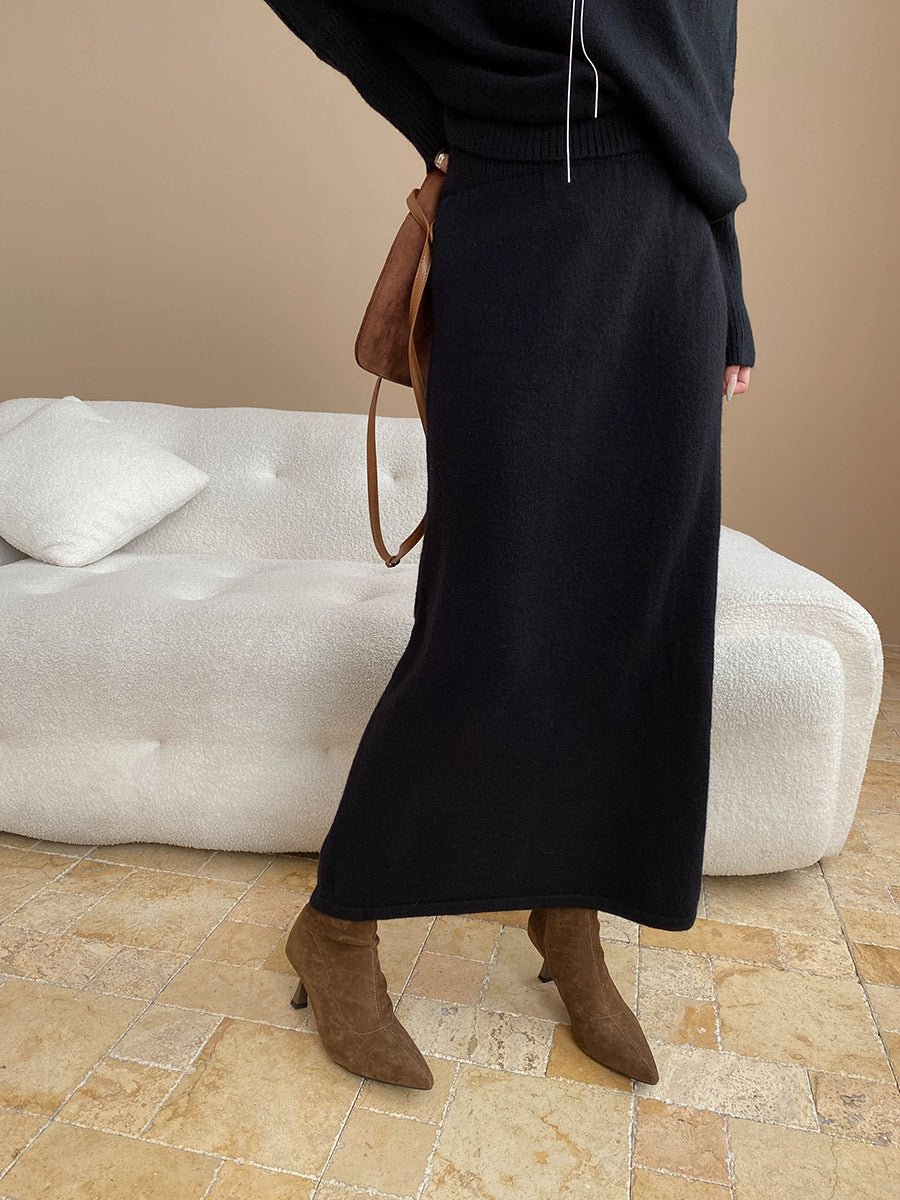 batwing off-shoulder knit two-piece set#Color_Black