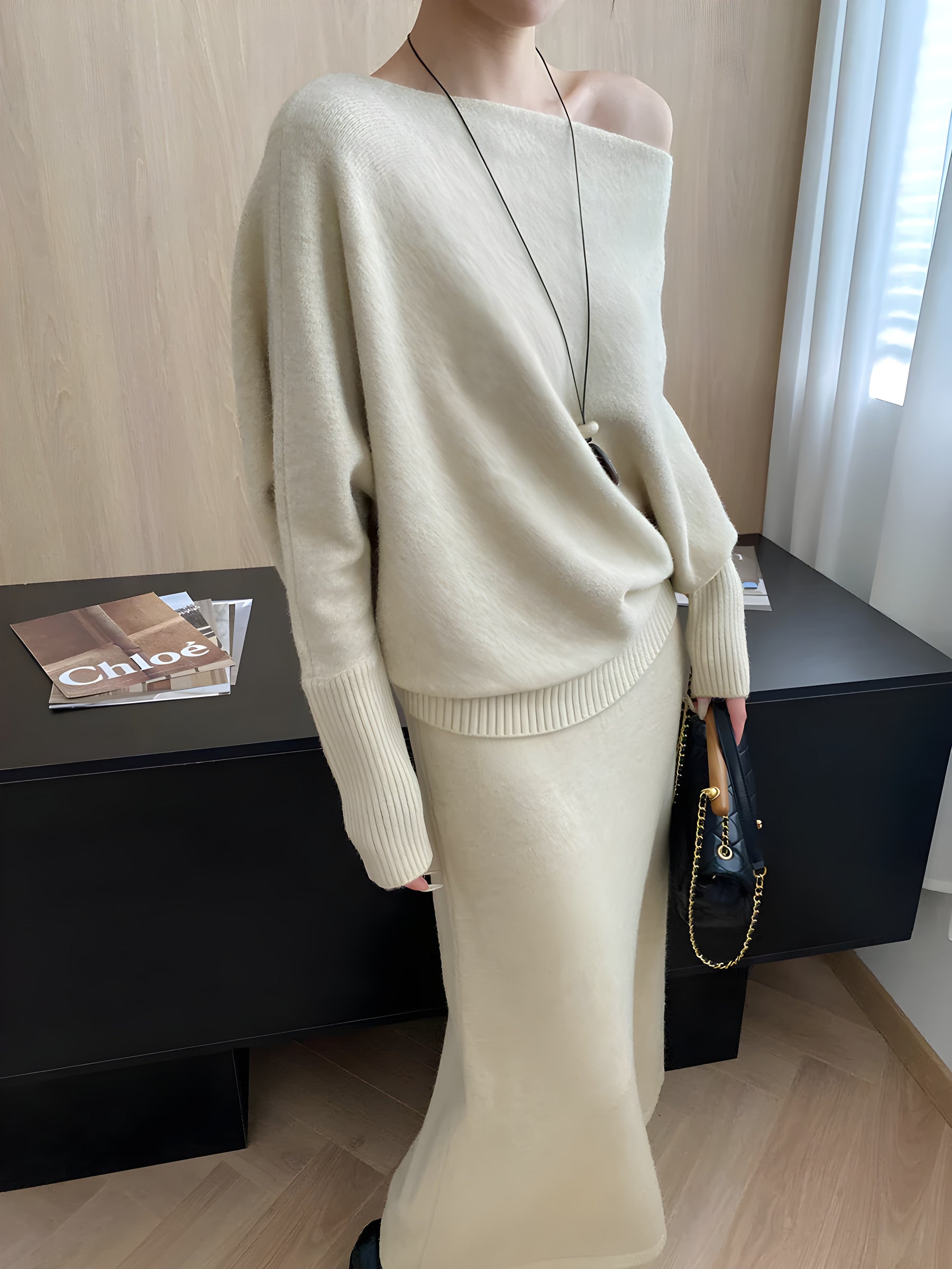 batwing off-shoulder knit two-piece set#Color_Apricot