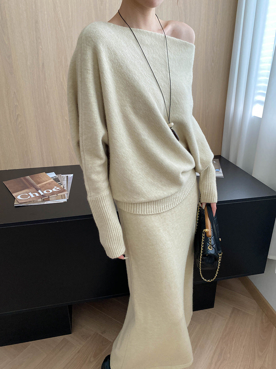 batwing off-shoulder knit two-piece set#Color_Apricot