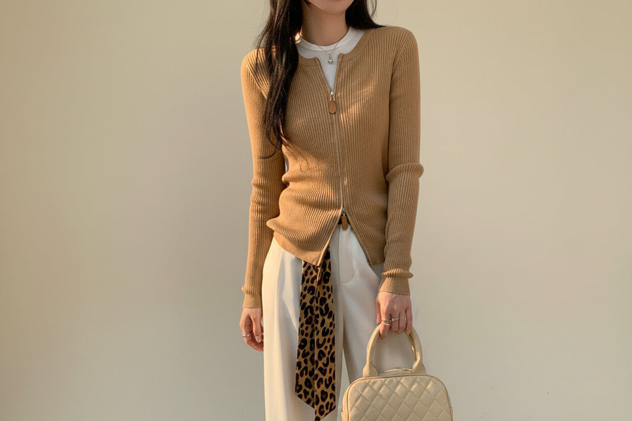 ELNOVÉ Wool Zipper Knit Cardigan