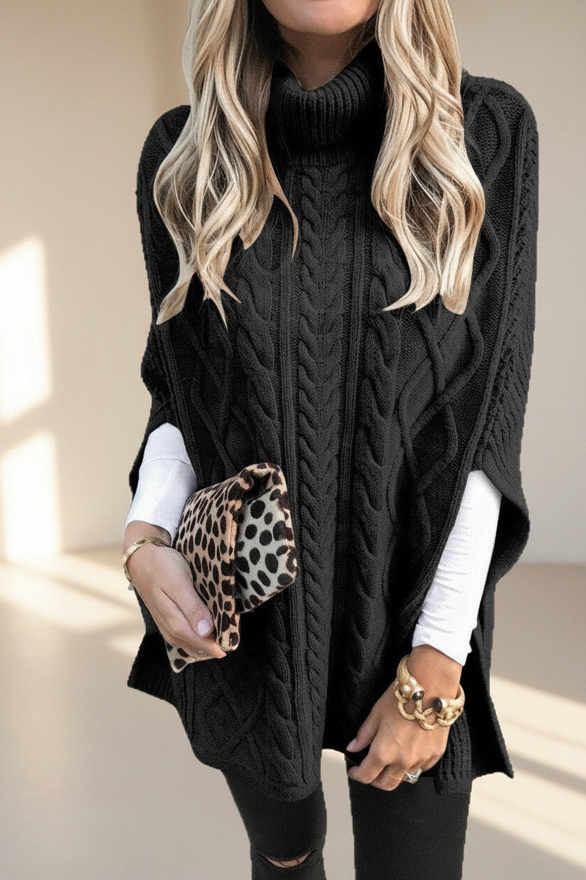 Cable Knit High Neck Poncho — Detail View 6