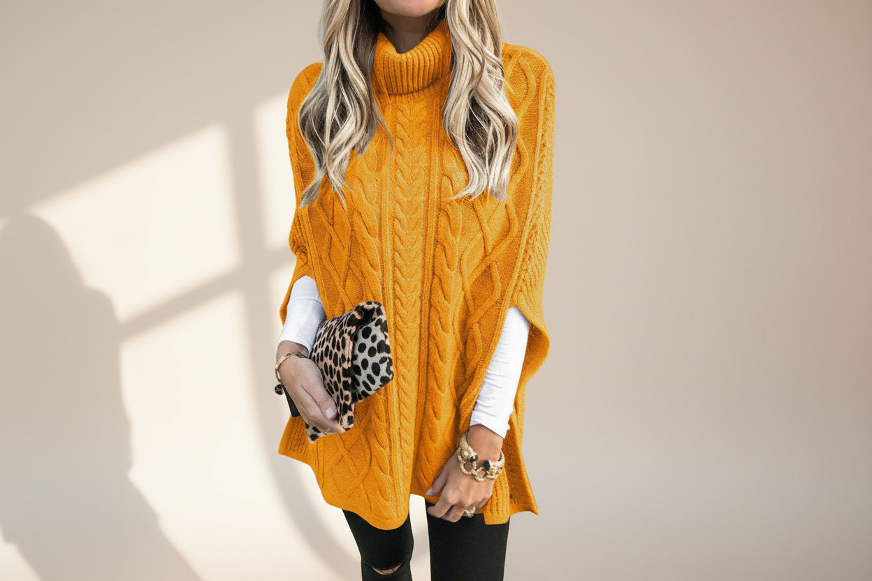 Cable Knit High Neck Poncho — Detail View 9