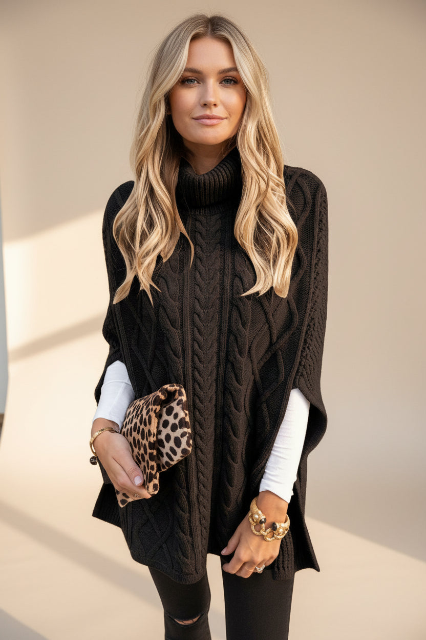 Cable Knit High Neck Poncho — Detail View 7