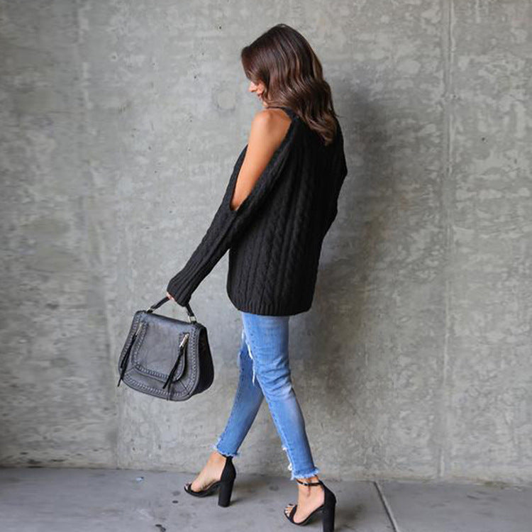 off-shoulder twist knit sweater #Color_Black