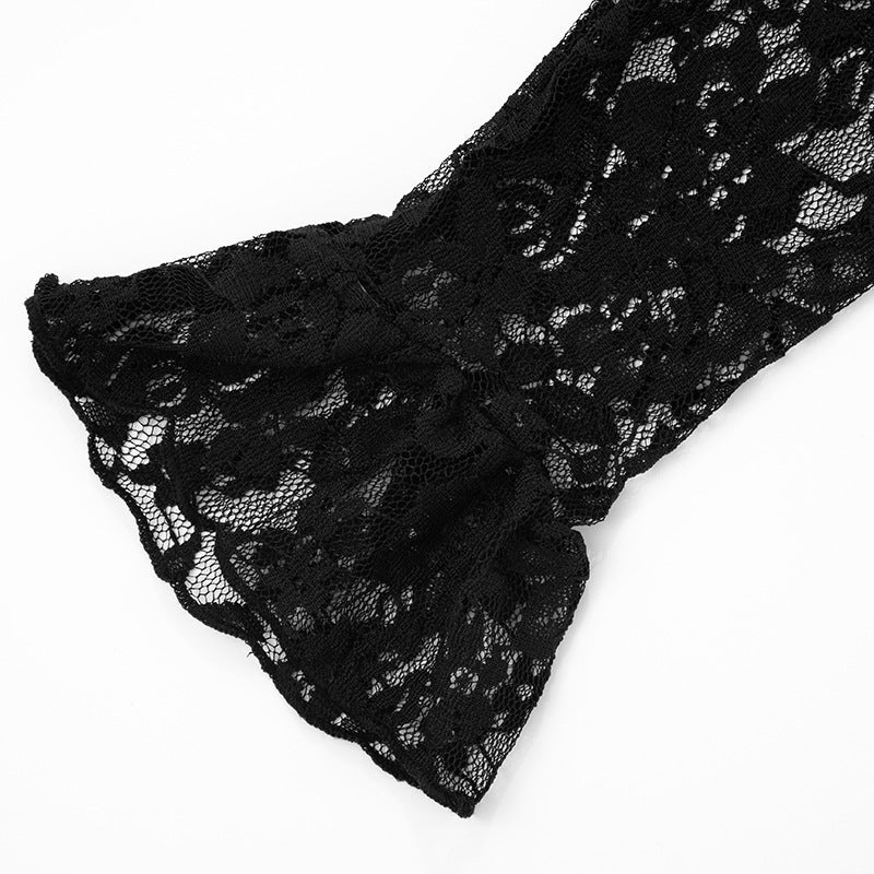 lace-spliced V-neck knit top