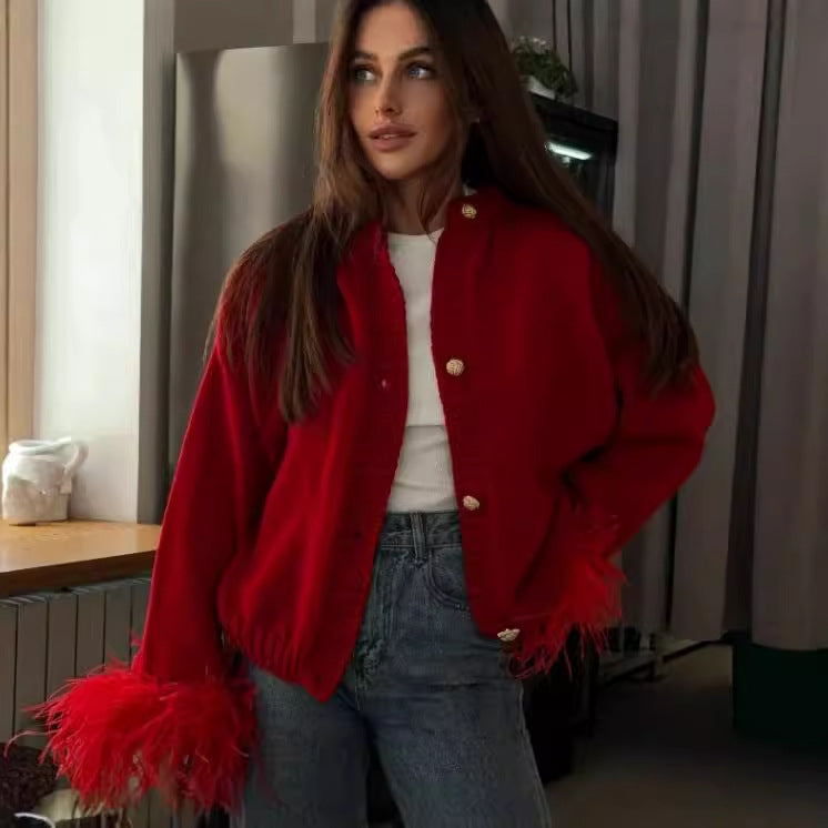 feather-trim knit cardigan