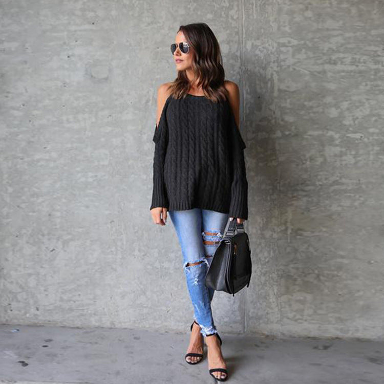 off-shoulder twist knit sweater #Color_Black