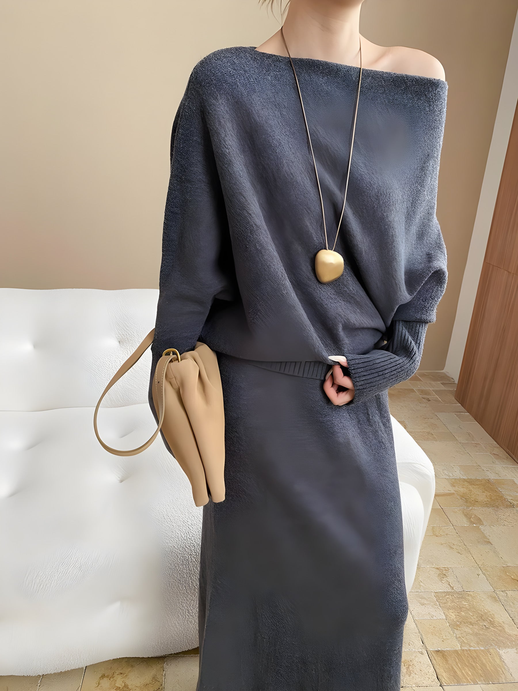 batwing off-shoulder knit two-piece set#Color_Gray