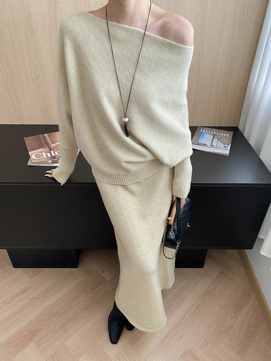 batwing off-shoulder knit two-piece set#Color_Apricot