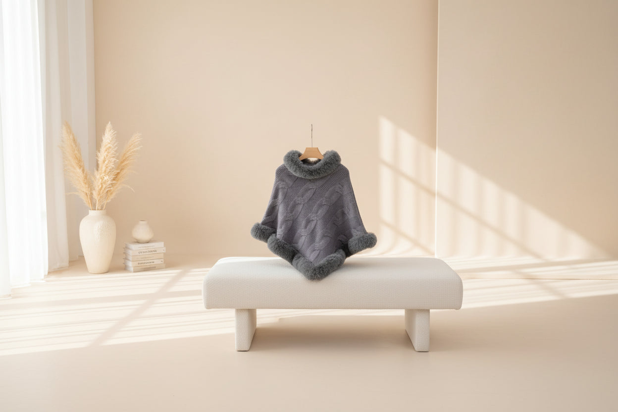 Fuzzy Hem Cable-Knit Poncho — Detail View 13