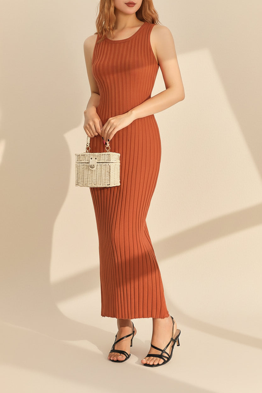 Pleated Ribbed Knit Tank Maxi Dress — close-up