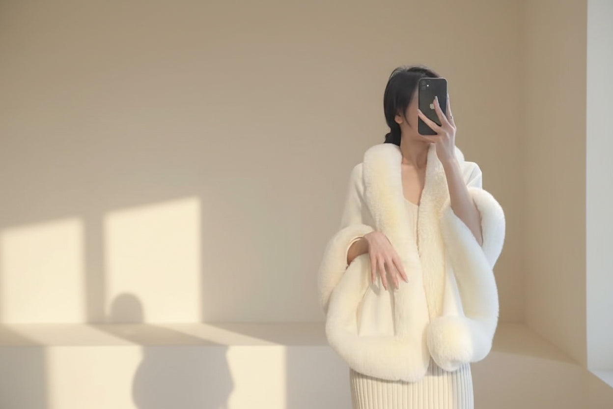 ELNOVÉ Fur Patchwork Shawl Poncho Coat