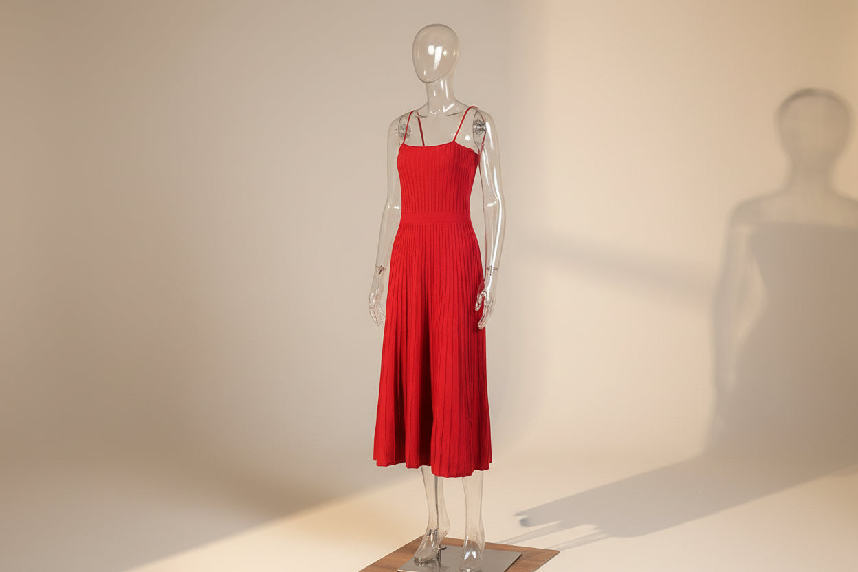 Solid Pleated Knit Slip Dress — lifestyle shot